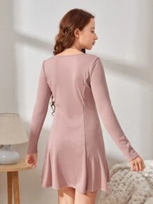 SHEIN Chicas adolescentes Vestido tejido de canalé de cuello cuadrado - Rosa vieja - Ver 3