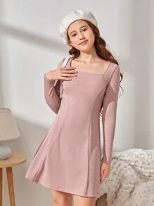 SHEIN Chicas adolescentes Vestido tejido de canalé de cuello cuadrado - Rosa vieja - Ver 1