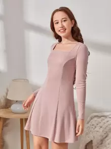 SHEIN Chicas adolescentes Vestido tejido de canalé de cuello cuadrado - Rosa vieja - Ver 6