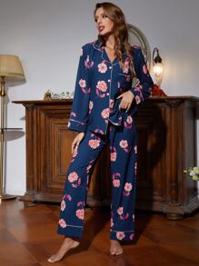 Floral Print Contrast Piping PJ Set - Navy Blue - View 1