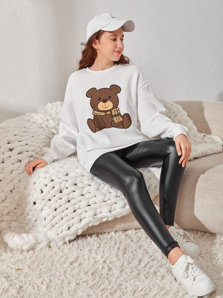 Teen Girls Cartoon Bear Print Thermal Sweatshirt & PU Leather Pants
