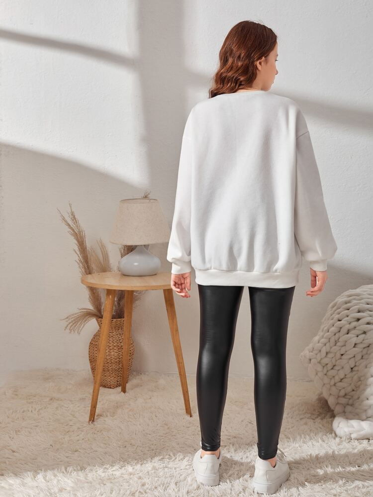 Teen Girls Cartoon Bear Print Thermal Sweatshirt & PU Leather Pants