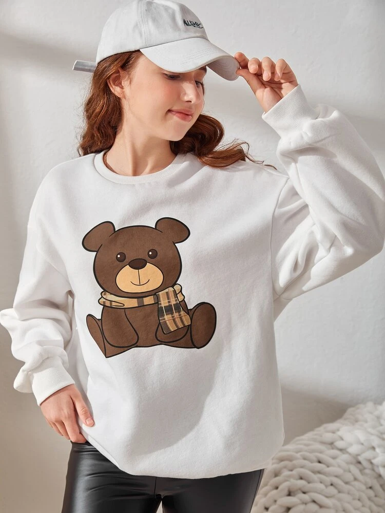 Teen Girls Cartoon Bear Print Thermal Sweatshirt & PU Leather Pants