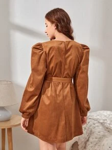 SHEIN 青少年女孩燈籠袖腰帶燈芯絨洋裝