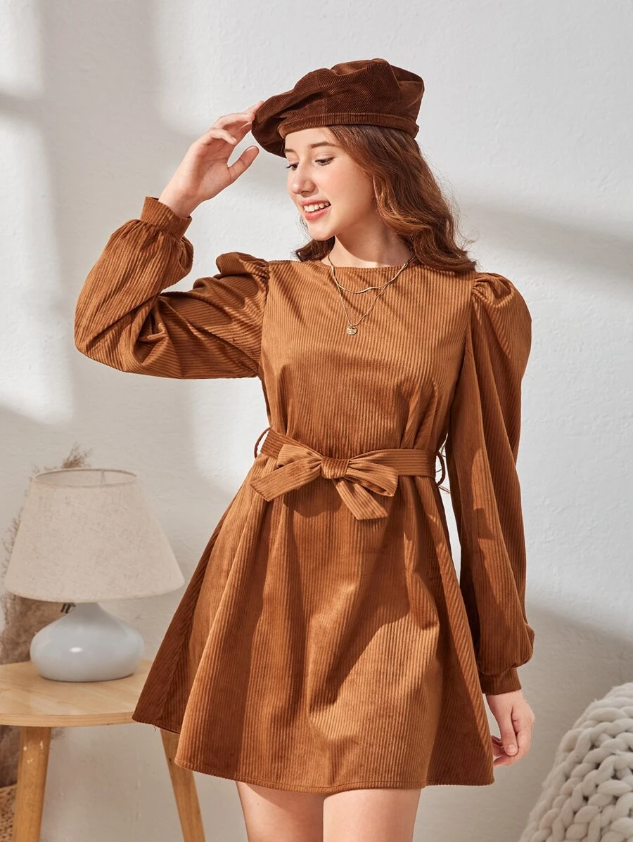 SHEIN 青少年女孩燈籠袖腰帶燈芯絨洋裝