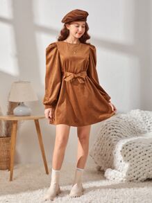 SHEIN 青少年女孩燈籠袖腰帶燈芯絨洋裝