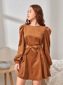 SHEIN 青少年女孩燈籠袖腰帶燈芯絨洋裝