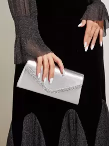 PU Champagne Party Clutch Bag With Rhinestone Decoration, Small Square Shoulder Crossbody Chain Bag For Women, Fashionable Clutch Bags For Woman - Silver - View 1