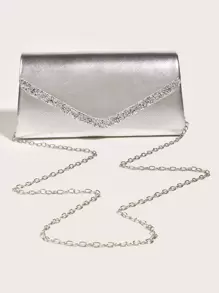 PU Champagne Party Clutch Bag With Rhinestone Decoration, Small Square Shoulder Crossbody Chain Bag For Women, Fashionable Clutch Bags For Woman - Silver - View 2