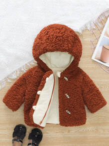 Baby Hooded Fleece Duffle Coat - Rust Brown - View 1