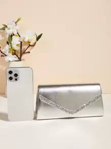 PU Champagne Party Clutch Bag With Rhinestone Decoration, Small Square Shoulder Crossbody Chain Bag For Women, Fashionable Clutch Bags For Woman - Silver - View 4