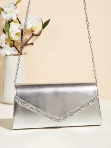 PU Champagne Party Clutch Bag With Rhinestone Decoration, Small Square Shoulder Crossbody Chain Bag For Women, Fashionable Clutch Bags For Woman - Silver - View 6