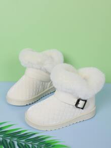 女孩搭扣裝飾衍縫加絨內裏仿麂皮雪地靴