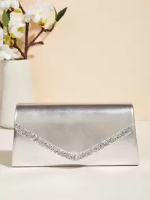 PU Champagne Party Clutch Bag With Rhinestone Decoration, Small Square Shoulder Crossbody Chain Bag For Women, Fashionable Clutch Bags For Woman - Silver - View 8