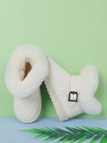 女孩搭扣裝飾衍縫加絨內裏仿麂皮雪地靴