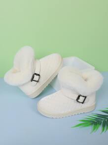 女孩搭扣裝飾衍縫加絨內裏仿麂皮雪地靴