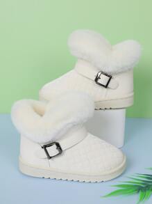 女孩搭扣裝飾衍縫加絨內裏仿麂皮雪地靴