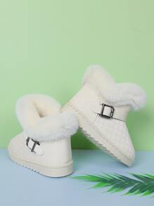 女孩搭扣裝飾衍縫加絨內裏仿麂皮雪地靴