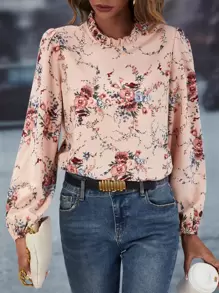 SHEIN Clasi Áo cánh tay giám mục cổ bèo nhún in hoa Áo cánh hoa - Bụi hồng - Xem 3