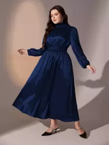 Modelyn 大碼高領燈籠袖腰部打褶A字連衣裙 - 藏蓝色 - 查看 1