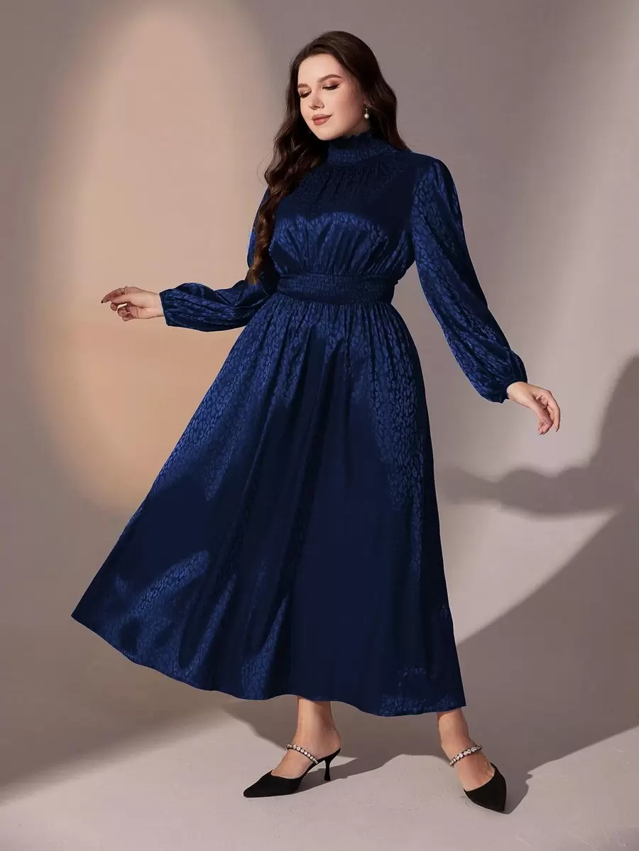 Modelyn 大碼高領燈籠袖腰部打褶A字連衣裙 - 藏蓝色 - 查看 1