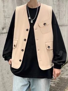 Manfinity Men Flap Pocket Vest Jacket - Khaki - View 1