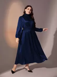 Modelyn 大碼高領燈籠袖腰部打褶A字連衣裙 - 藏蓝色 - 查看 3