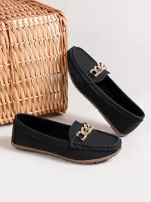 Women's Flat Shoes, New Spring/Summer Black Embossed Slip-On Loafers With Metal Rhinestone Chain Decor, Versatile, Comfortable Outdoor Moccasins - Black - View 4