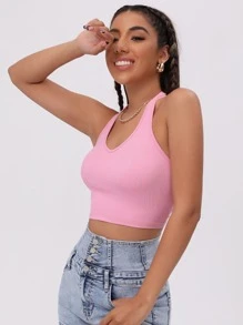 SHEIN Essnce Top Corto De Punto De Canalé Liso Con Cuello Halter - Rosa Pálido - Ver 3