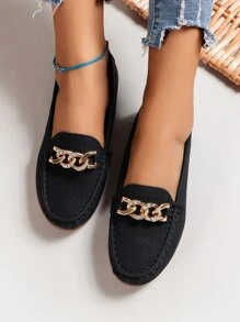 Women's Flat Shoes, New Spring/Summer Black Embossed Slip-On Loafers With Metal Rhinestone Chain Decor, Versatile, Comfortable Outdoor Moccasins - Black - View 6