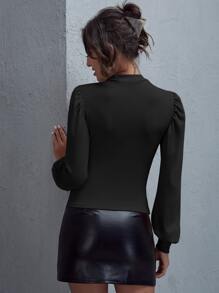 SHEIN LUNE Solid Bishop Sleeve Tee - Black - View 2