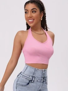 SHEIN Essnce Top Corto De Punto De Canalé Liso Con Cuello Halter - Rosa Pálido - Ver 4