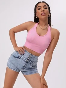 SHEIN Essnce Top Corto De Punto De Canalé Liso Con Cuello Halter - Rosa Pálido - Ver 6