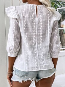 Breezaya Top ribete con fruncido con bordado con ojal - Blanco - Ver 2