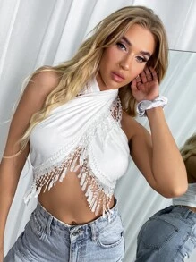 SHEIN Holidaya Fringe Trim Halter Top - White - View 3