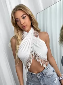 SHEIN Holidaya Fringe Trim Halter Top - White - View 4