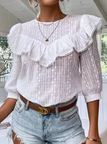 Breezaya Top ribete con fruncido con bordado con ojal - Blanco - Ver 5