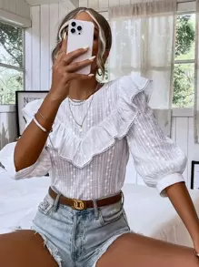 Breezaya Top ribete con fruncido con bordado con ojal - Blanco - Ver 6