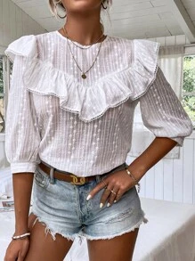Breezaya Top ribete con fruncido con bordado con ojal - Blanco - Ver 7