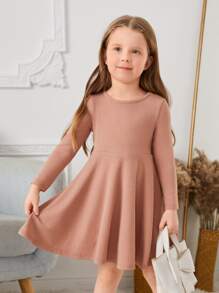 SHEIN Toddler Girls Solid Round Neck Dress - Apricot - View 1