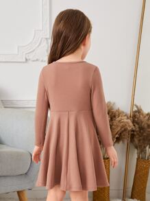 SHEIN Toddler Girls Solid Round Neck Dress - Apricot - View 2