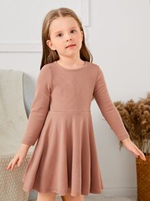 SHEIN Toddler Girls Solid Round Neck Dress - Apricot - View 3