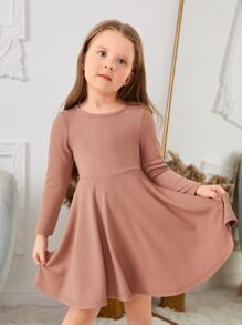 SHEIN Toddler Girls Solid Round Neck Dress - Apricot - View 4