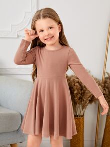 SHEIN Toddler Girls Solid Round Neck Dress - Apricot - View 5