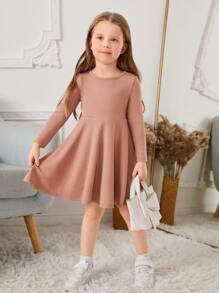 SHEIN Toddler Girls Solid Round Neck Dress - Apricot - View 6