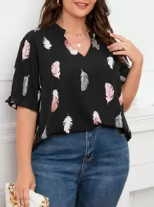 SHEIN LUNE Plus Feather Print Notched Neckline Flounce Sleeve Blouse - Black - View 1
