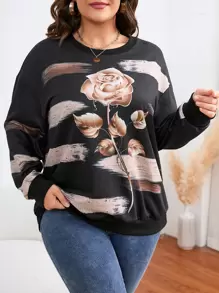SHEIN Clasi Sudadera con estampado floral de hombros caídos - Negro - Ver 1