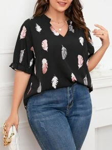 SHEIN LUNE Plus Feather Print Notched Neckline Flounce Sleeve Blouse - Black - View 4