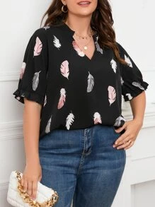 SHEIN LUNE Plus Feather Print Notched Neckline Flounce Sleeve Blouse - Black - View 5
