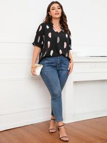 SHEIN LUNE Plus Feather Print Notched Neckline Flounce Sleeve Blouse - Black - View 6